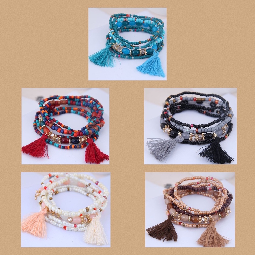 Set of Seed Bead Stretch Tassel Bracelets Various Colors